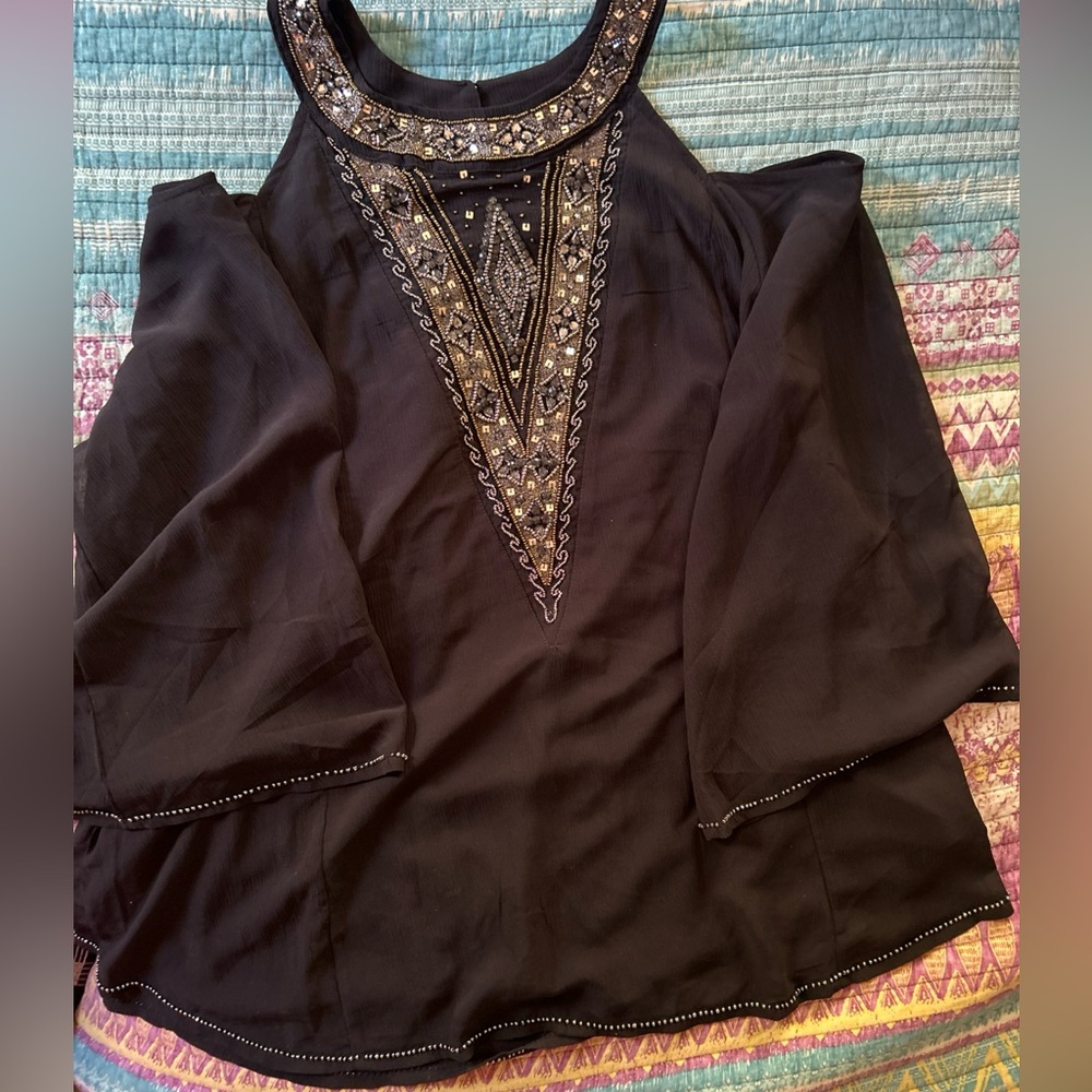 Roaman's Black Embellished 3/4 Sleeve Blouse